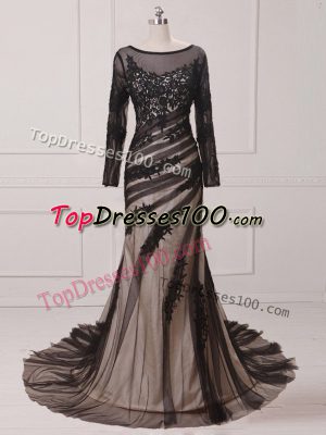 Scoop Long Sleeves Chiffon and Tulle Mother of Bride Dresses Lace and Appliques Brush Train Zipper