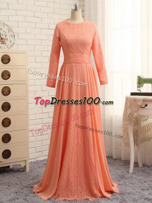 Exceptional Floor Length Orange Mother of Groom Dress Scoop Long Sleeves Zipper