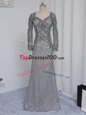 Grey Lace Zipper Mother of Bride Dresses Long Sleeves Floor Length Beading and Lace