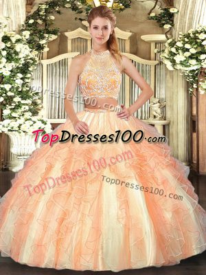Halter Top Sleeveless Criss Cross Ball Gown Prom Dress Gold Tulle