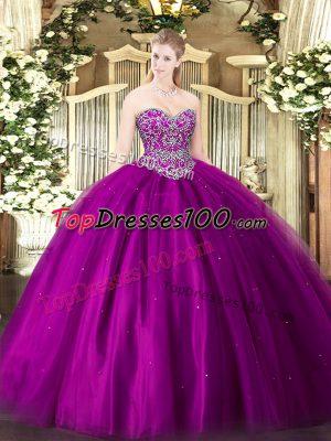 Sumptuous Fuchsia Lace Up Quinceanera Gowns Beading Sleeveless Floor Length