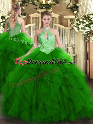 Green Ball Gowns Ruffles and Sequins Ball Gown Prom Dress Lace Up Organza Sleeveless Floor Length