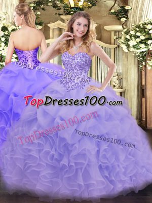 Floor Length Lace Up 15 Quinceanera Dress Lavender for Sweet 16 and Quinceanera with Appliques and Ruffles