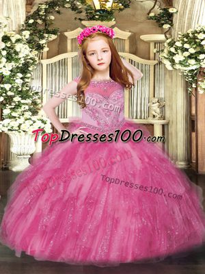 Hot Pink Sleeveless Floor Length Beading and Ruffles Zipper Child Pageant Dress