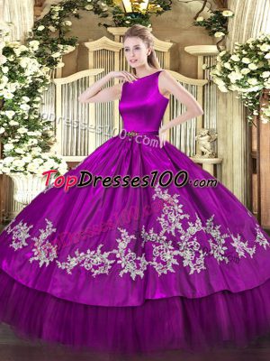 Suitable Satin and Tulle Scoop Sleeveless Clasp Handle Embroidery Quinceanera Dresses in Fuchsia