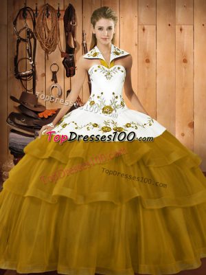 Flirting Satin and Organza Halter Top Sleeveless Brush Train Lace Up Embroidery and Ruffled Layers Quinceanera Gowns in Olive Green