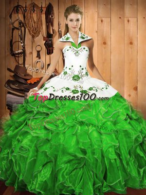 Satin and Organza Sleeveless Floor Length Sweet 16 Quinceanera Dress and Embroidery and Ruffles