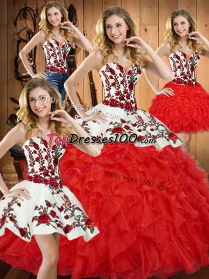 Tulle Sweetheart Sleeveless Lace Up Embroidery and Ruffles Quinceanera Dress in Red