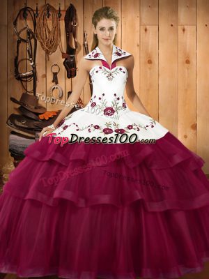 Romantic Lace Up 15th Birthday Dress Fuchsia for Military Ball and Sweet 16 and Quinceanera with Embroidery and Ruffled Layers Sweep Train