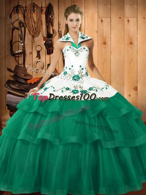 Exceptional Turquoise Lace Up Halter Top Embroidery and Ruffled Layers Sweet 16 Quinceanera Dress Organza Sleeveless Sweep Train