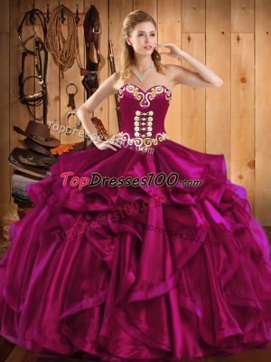 Fuchsia Sweetheart Neckline Embroidery and Ruffles Quince Ball Gowns Sleeveless Lace Up