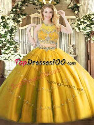 Flirting Sleeveless Tulle Floor Length Zipper Sweet 16 Quinceanera Dress in Gold with Beading