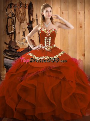 Pretty Rust Red Organza Lace Up Sweetheart Sleeveless Floor Length Vestidos de Quinceanera Embroidery and Ruffles