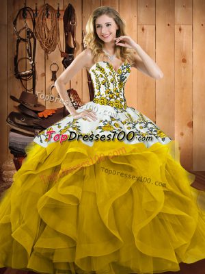 Sweetheart Sleeveless Sweet 16 Dresses Floor Length Embroidery and Ruffles Yellow Satin and Organza