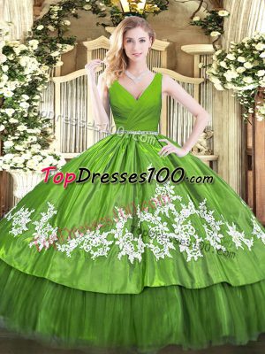 Beading and Appliques Sweet 16 Dress Olive Green Zipper Sleeveless Floor Length