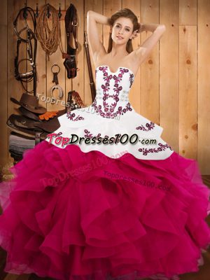 Hot Pink Sleeveless Embroidery and Ruffles Floor Length Ball Gown Prom Dress