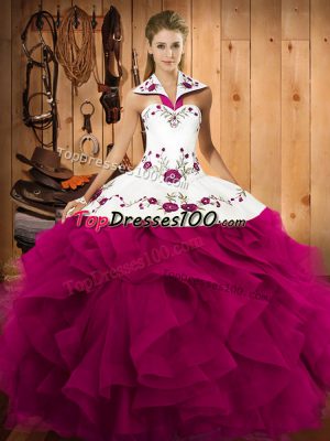 Graceful Fuchsia Lace Up Quinceanera Dresses Embroidery and Ruffles Sleeveless Floor Length