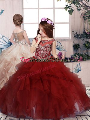 Red Organza Lace Up Pageant Dress Toddler Sleeveless Floor Length Beading and Ruffles