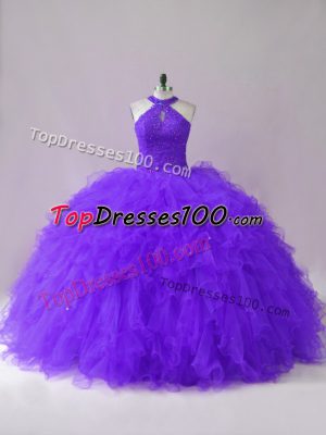 Fantastic Floor Length Lace Up Sweet 16 Dress Purple for Sweet 16 and Quinceanera with Beading and Ruffles