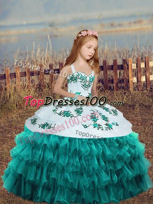 Customized Embroidery and Ruffled Layers Little Girls Pageant Dress Wholesale Teal Lace Up Sleeveless Floor Length