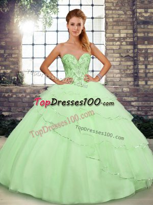 Admirable Yellow Green Ball Gowns Beading and Ruffled Layers Vestidos de Quinceanera Lace Up Tulle Sleeveless