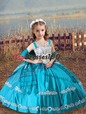 Admirable Teal Ball Gowns Beading and Embroidery Pageant Dress Wholesale Lace Up Satin Sleeveless Floor Length
