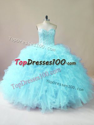 Aqua Blue Lace Up Sweetheart Beading and Ruffles Quinceanera Dresses Tulle Sleeveless