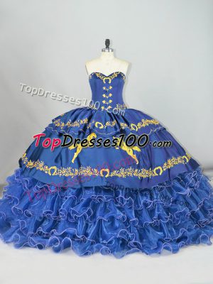 Deluxe Sweetheart Sleeveless Satin and Organza Sweet 16 Dress Embroidery and Ruffled Layers Brush Train Lace Up