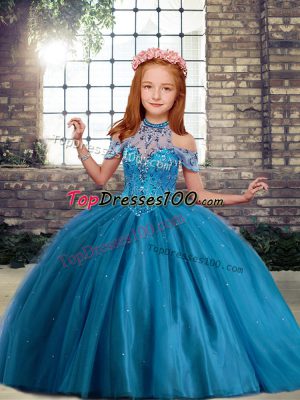 Blue High-neck Lace Up Beading Pageant Dress for Teens Sleeveless