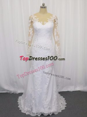 Beauteous Long Sleeves Brush Train Lace Clasp Handle Bridal Gown