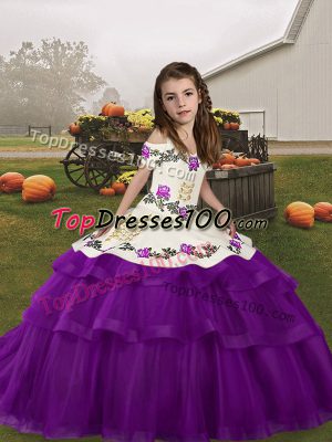 Embroidery and Ruffled Layers Little Girls Pageant Gowns Eggplant Purple Lace Up Sleeveless Floor Length