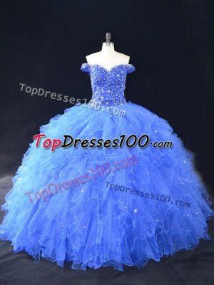 Off The Shoulder Sleeveless Tulle Quinceanera Gowns Beading and Ruffles Lace Up