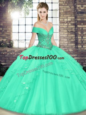 Deluxe Floor Length Apple Green Quince Ball Gowns Tulle Sleeveless Beading and Ruffles