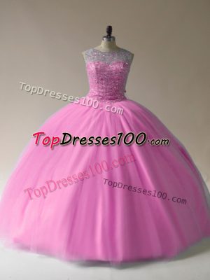 Stylish Baby Pink Ball Gowns Beading Ball Gown Prom Dress Lace Up Tulle Sleeveless Floor Length