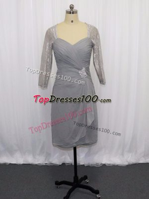 Grey Evening Dress Prom and Party with Beading and Ruching Sweetheart Half Sleeves Zipper