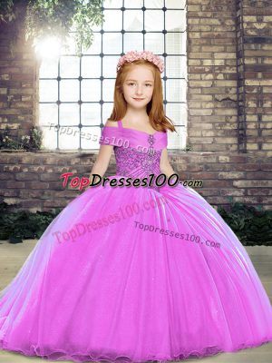 Trendy Lilac Little Girls Pageant Dress Party and Sweet 16 and Wedding Party with Beading Straps Sleeveless Lace Up