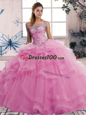 Rose Pink Tulle Lace Up Quinceanera Dress Sleeveless Floor Length Beading and Ruffles