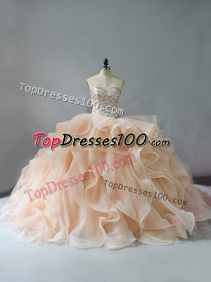 Champagne and Pink And White Organza Lace Up Sweetheart Sleeveless Sweet 16 Dress Brush Train Beading and Ruffles