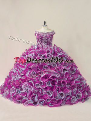 Multi-color Quinceanera Gown Organza Brush Train Sleeveless Beading and Ruffles