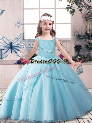 Great Blue Ball Gowns Beading Little Girl Pageant Dress Lace Up Tulle Sleeveless Floor Length