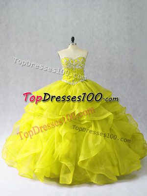 Most Popular Yellow Green Organza Lace Up Quinceanera Dress Sleeveless Floor Length Beading and Ruffles