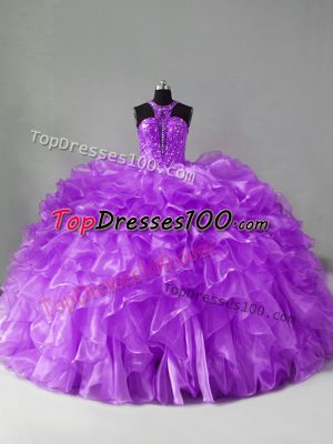 Classical Purple 15th Birthday Dress Sweet 16 and Quinceanera with Beading and Ruffles Halter Top Sleeveless Brush Train Zipper