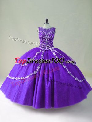 Purple Ball Gowns Tulle Scoop Sleeveless Beading and Appliques Floor Length Zipper Ball Gown Prom Dress