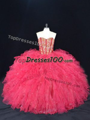 Charming Sweetheart Sleeveless Lace Up 15th Birthday Dress Coral Red Tulle