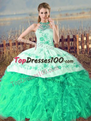 Trendy Turquoise Sleeveless Embroidery and Ruffles Lace Up Sweet 16 Dresses
