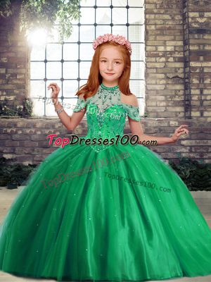 High Quality Ball Gowns Kids Pageant Dress Green High-neck Tulle Sleeveless Floor Length Lace Up