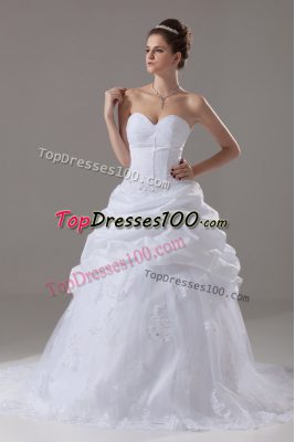 Stunning White Sleeveless Tulle Brush Train Lace Up Bridal Gown for Wedding Party