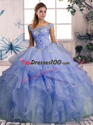 Off The Shoulder Sleeveless Organza Quinceanera Gown Beading and Ruffles Lace Up