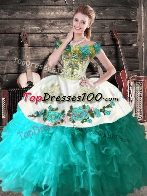 Custom Made Aqua Blue Ball Gowns Organza Off The Shoulder Sleeveless Embroidery Floor Length Lace Up Quince Ball Gowns