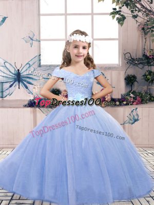 Light Blue Tulle Lace Up Off The Shoulder Sleeveless Floor Length Glitz Pageant Dress Lace and Belt